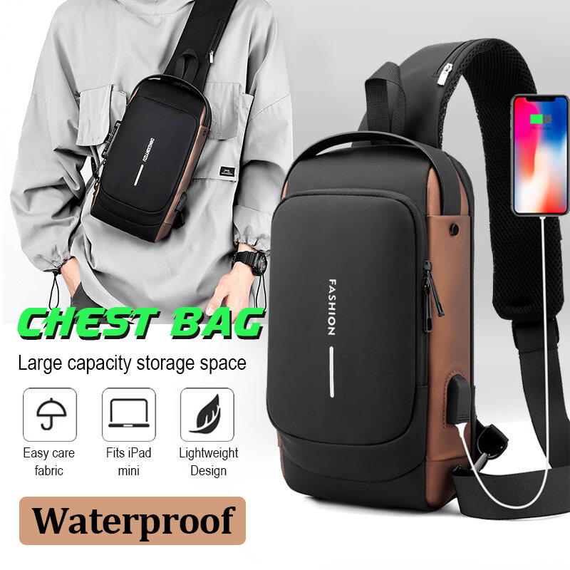 2022 New Leather Men's Chest Bag Crossbody Bag Shoulder Bag with USB Charging Port Large Capacity Multifunctional  Anti-theft Password Bag For Sports Car Cool Crossbody Bag